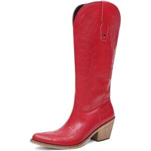 ⚡Womens Red Polyurethane Cowboy Side Zipper Knee High  Chunky Heel Boots